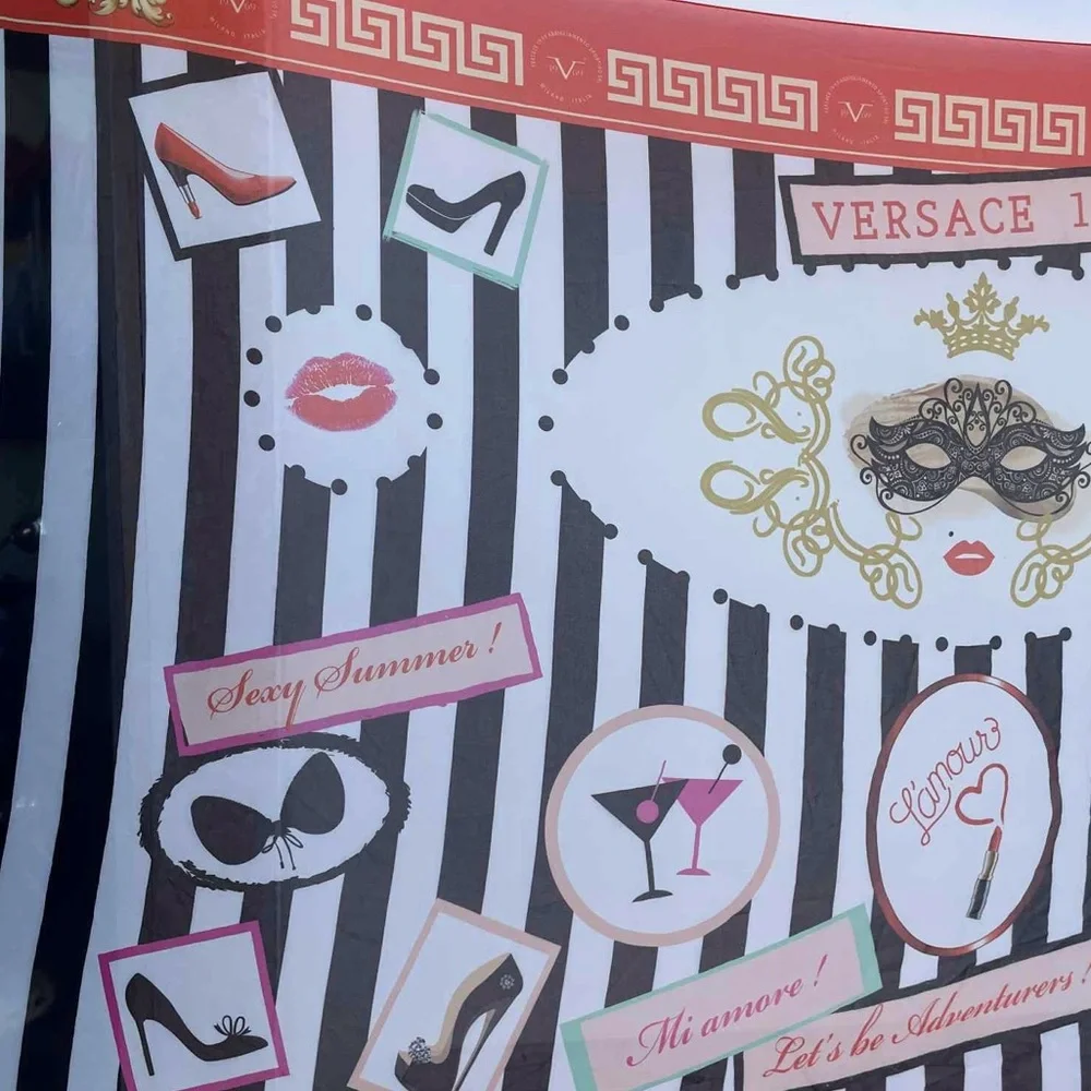Vintage 1969 Versace Black and White Striped Scarf with Red and Gold Details